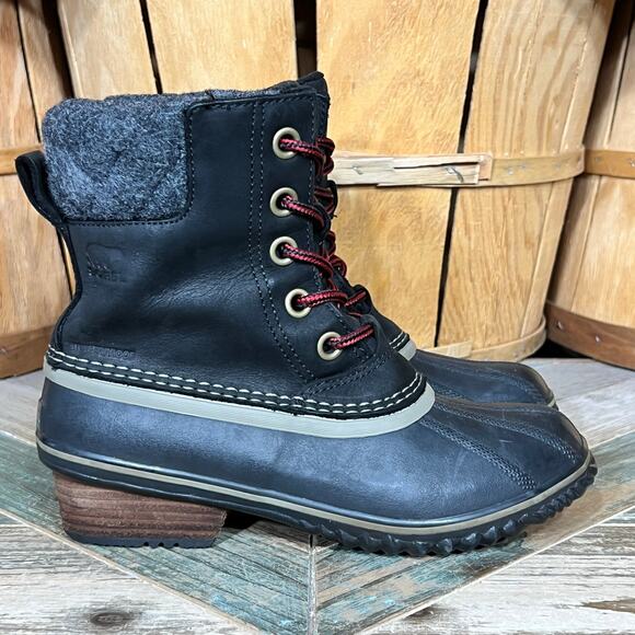 Sorel Slimpack Lace II Black Leather Wool Lace-Up Waterproof Duck Boots Womens 7 - Picture 1 of 11